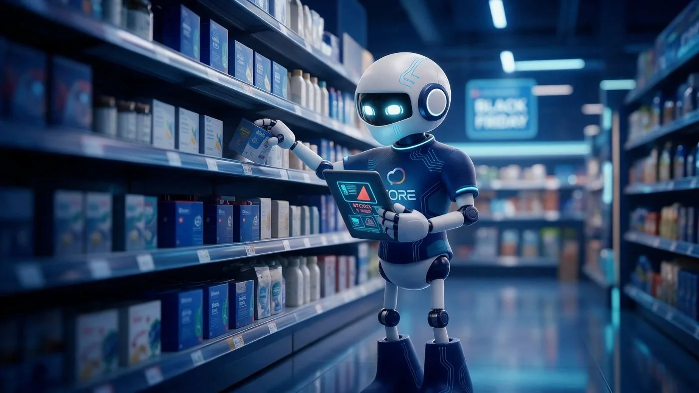 Core, el robot de Teamcore, revisa una alerta de quiebre de stock en su tablet frente a la góndola durante Black Friday / El Buen Fin