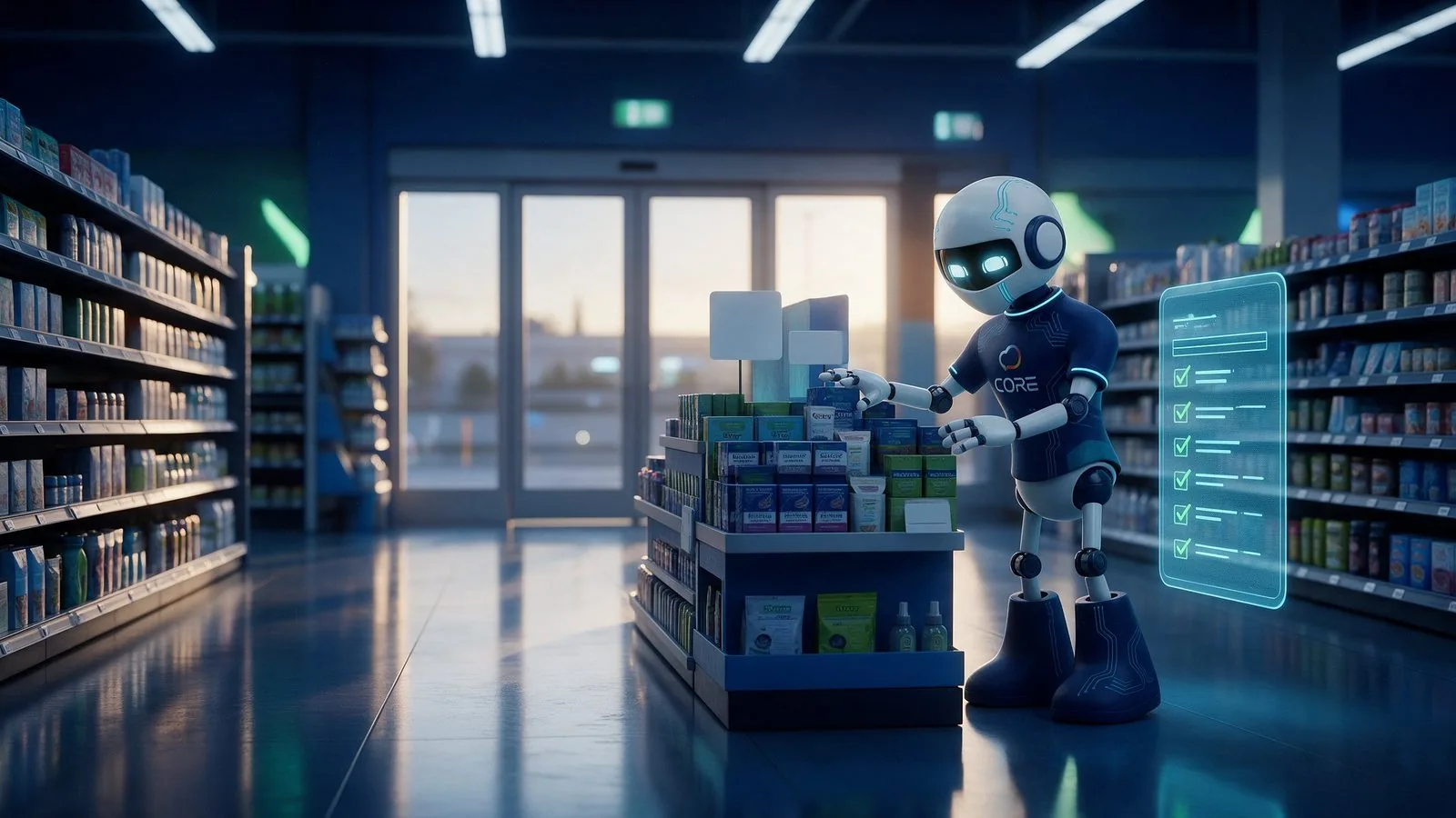 Core, el robot de Teamcore, prepara una exhibición promocional en un supermercado vacío antes de la apertura de Black Friday / El Buen Fin