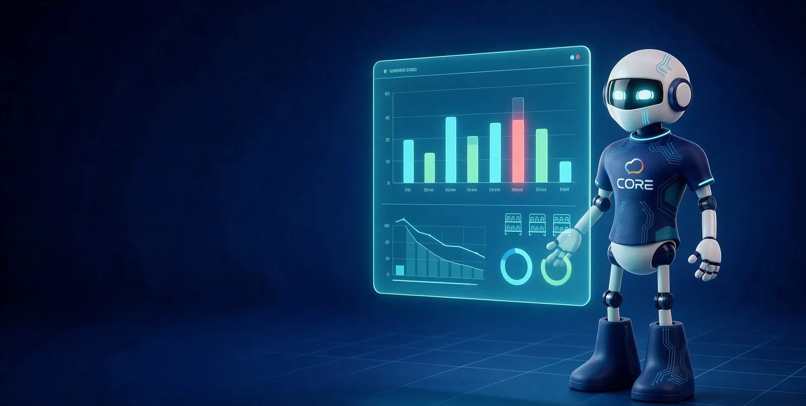 Core, el robot de Teamcore, analiza un tablero holográfico con alertas de quiebre por tienda