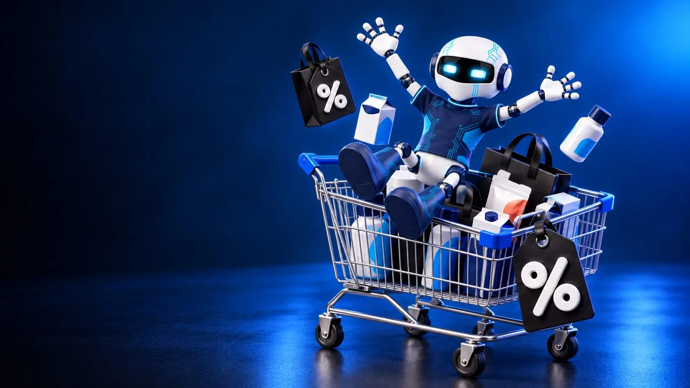 Core, el robot de Teamcore, celebra Black Friday / El Buen Fin dentro de un carro de compras con bolsas y etiquetas de descuento