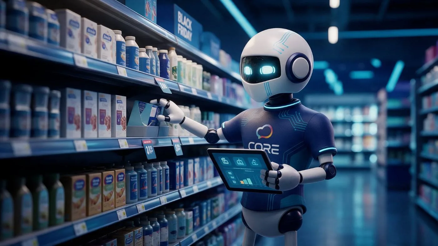 Core, el robot de Teamcore, consulta datos de sell-out en una tablet mientras revisa la góndola