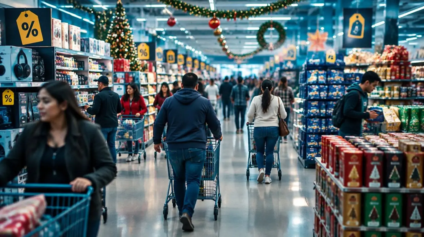 Compradores con carros en un supermercado decorado para la temporada de fiestas, con carteles de descuento